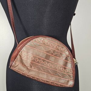 Vintage Bruno Magli Leather Crescent Crossbody Bag Egyptian Revival Embossed Geo